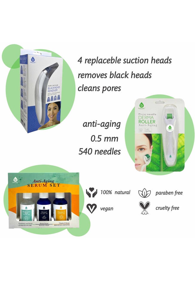 Ultimate Rejuvenation Bundle: Micro Needle Derma Roller, Pore Vacuum Blackhead Remover & 3-Pack Anti-Aging Serum Set, , on-hover image number 1