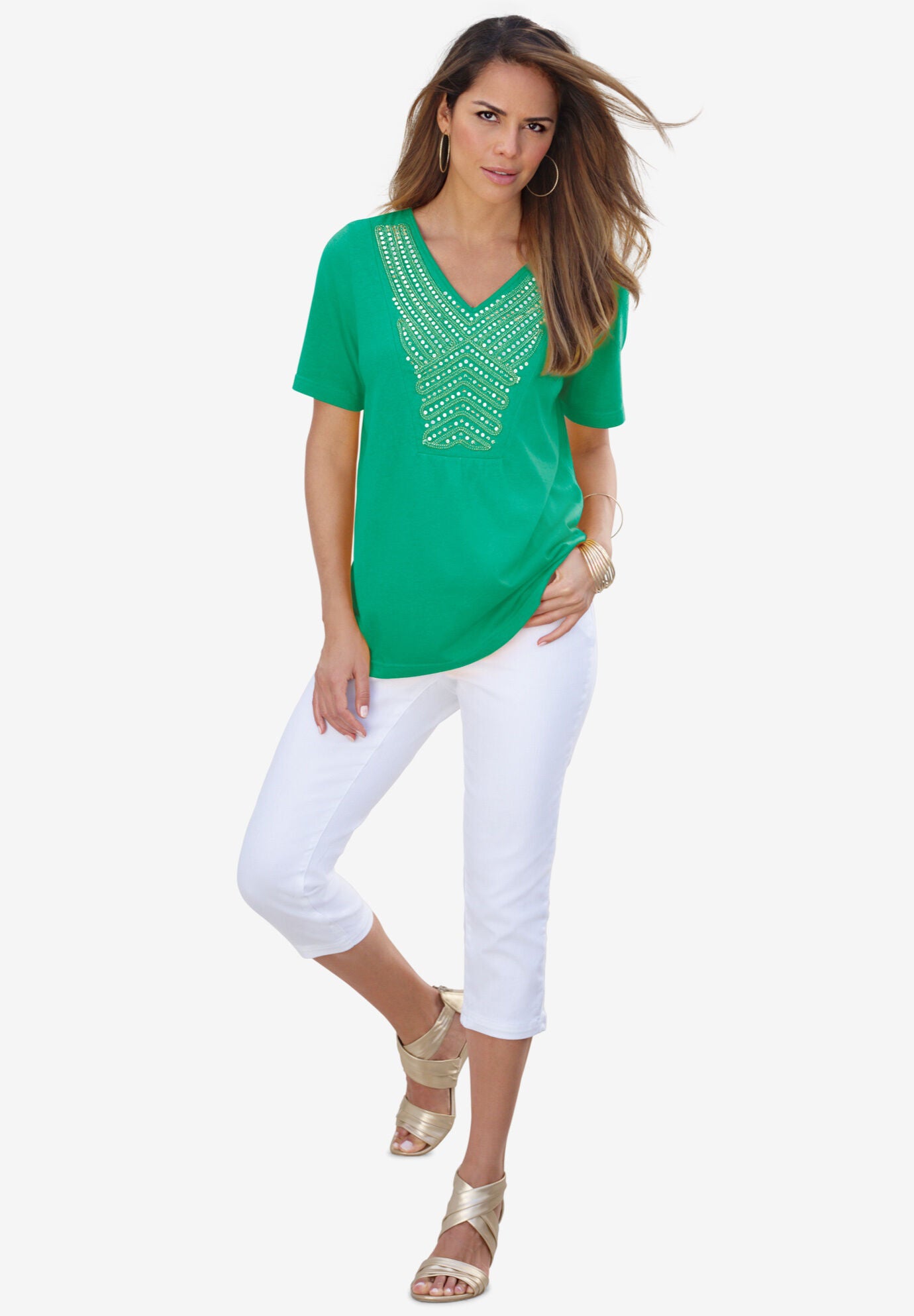 Embellished Sequin V-Neck Tee, TROPICAL EMERALD, hi-res image number 0