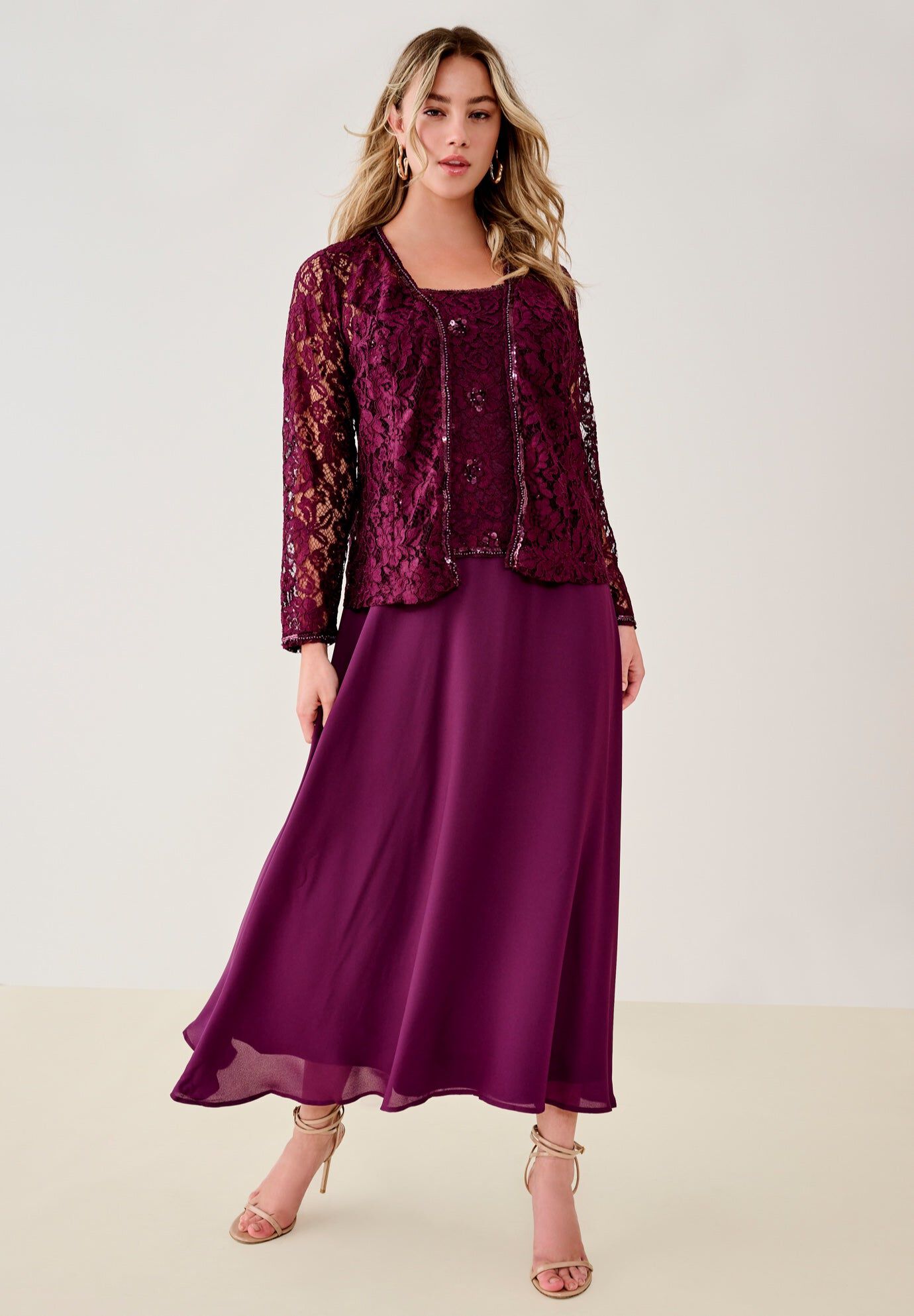 Plus-Size 2 Piece Long Sleeve Embellished Lace Jacket and Full Gown
