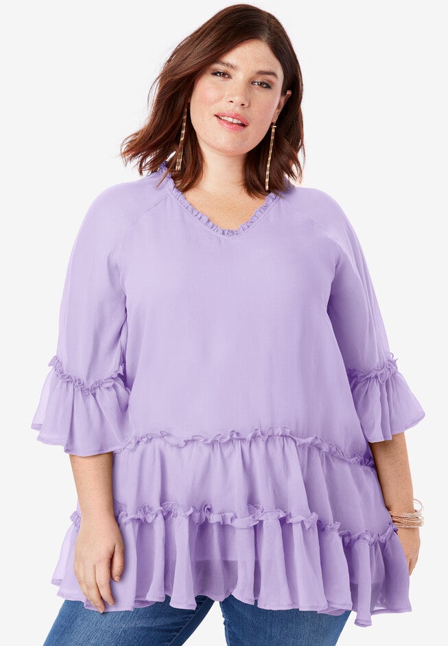 Tiered Ruffle Tunic with Bell Sleeves, BRIGHT LILAC, hi-res image number null