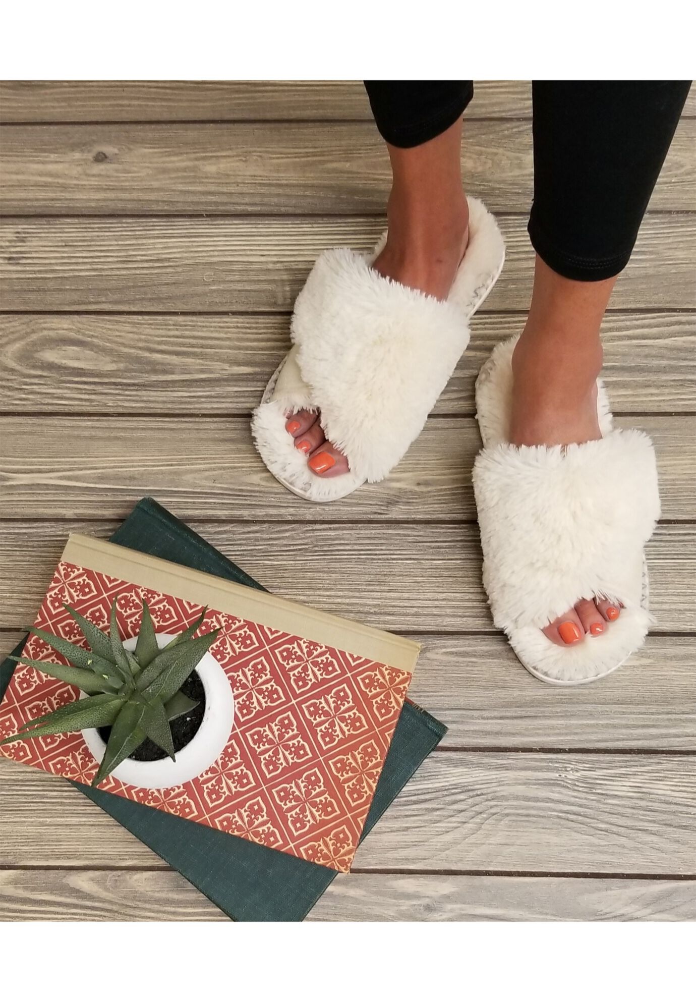 Faux Fur Criss Cross Open Toe Scuff Slippers, , on-hover image number 1