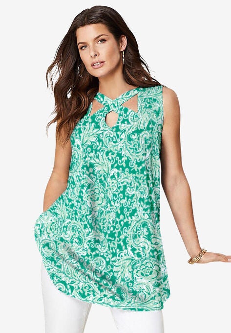 Cutout Swing Tunic Tank, GREEN MINT BATIK, hi-res image number null