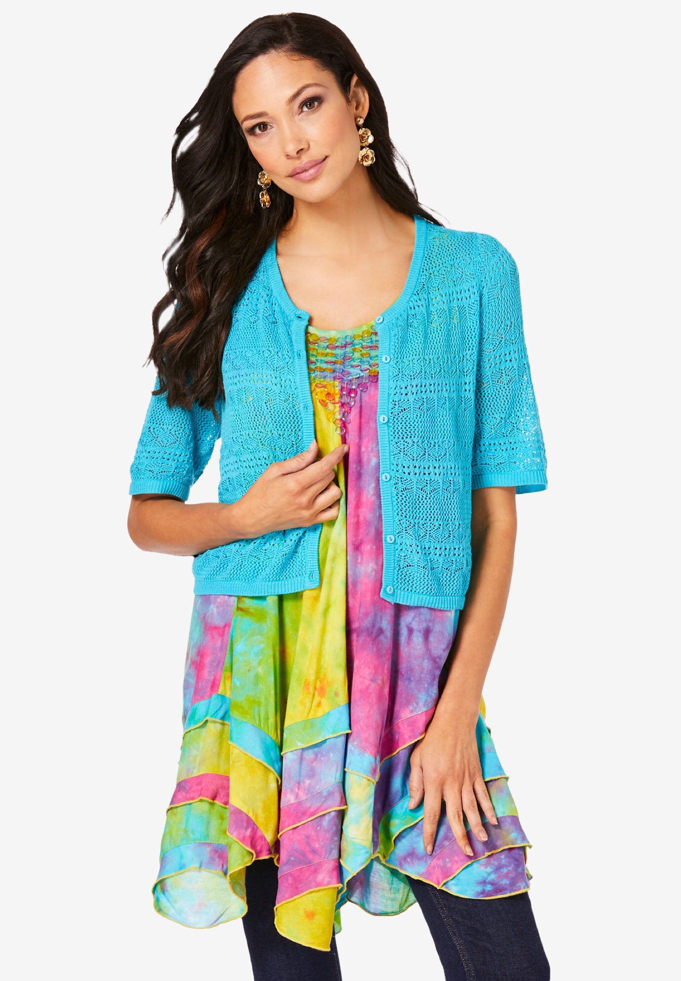 Cropped Pointelle Short Sleeve Cardigan Sweater, OCEAN, hi-res image number 0