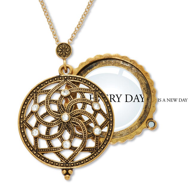 Mandala Flower Magnifying Glass Goldtone Pendant Necklace 23 inches, WHITE, hi-res image number null