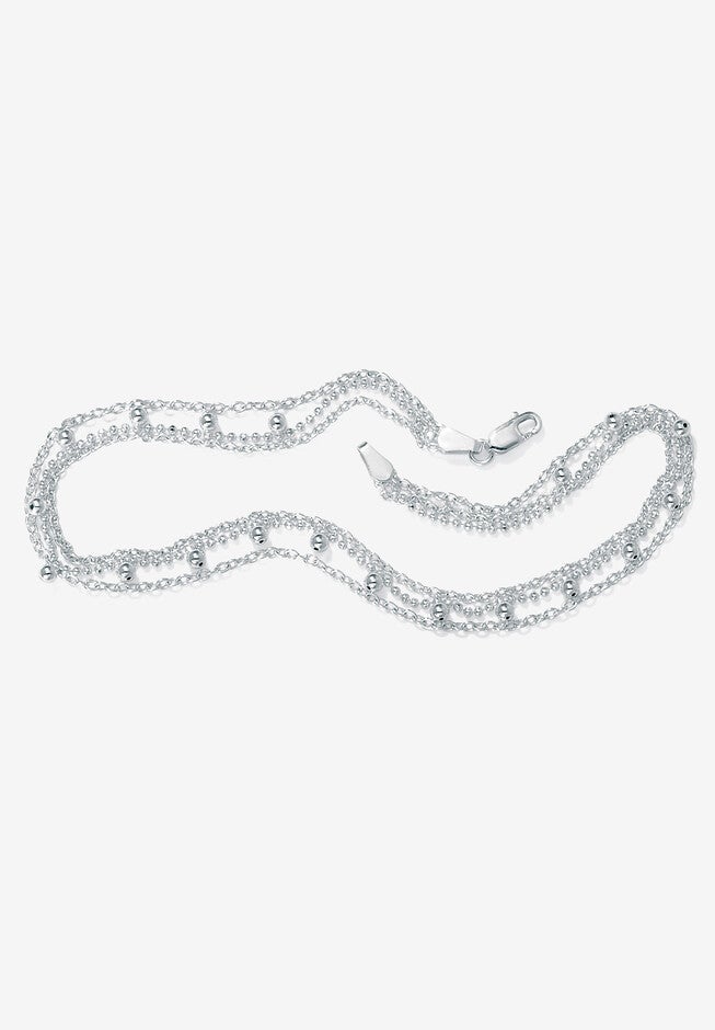 Sterling Silver Triple Strand Beaded Ankle Bracelet (1Mm), 10 Inches, SILVER, hi-res image number null