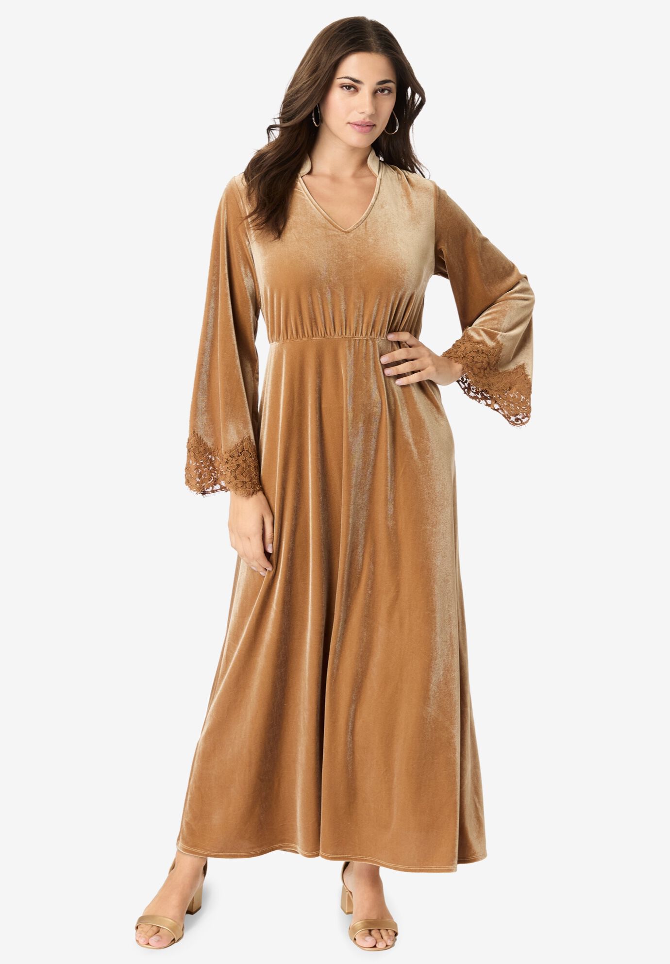 Lace-Trim Velour Maxi Dress, ALMOND BROWN, hi-res image number 0
