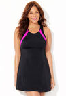 High Neck Two Piece Racerback Swimdress, BLACK FLUORESCENT PINK, hi-res image number null