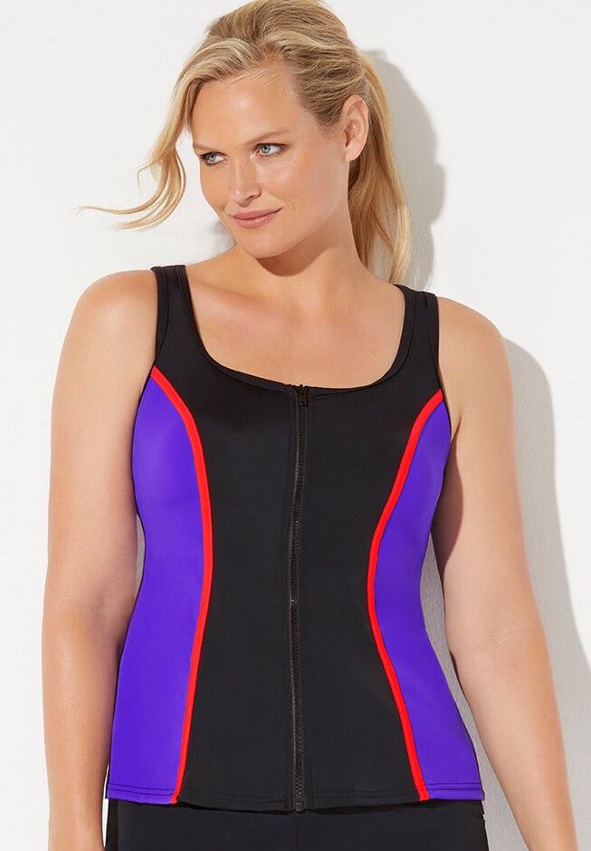 Chlorine Resistant Colorblock Zip Front Tankini Top | Swimsuits For All