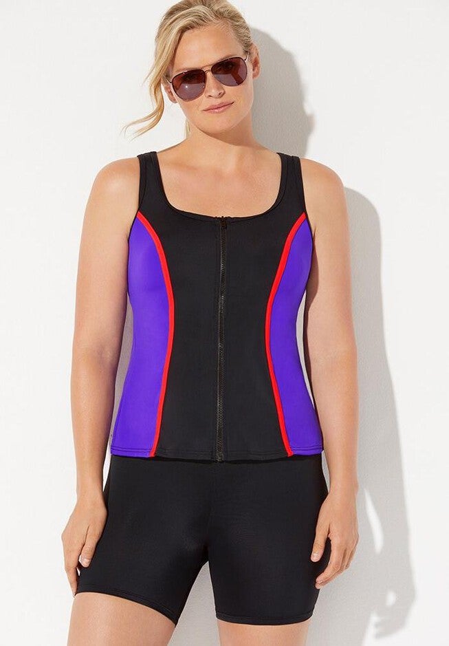 Chlorine Resistant Colorblock Zip Front Tankini Set with Bike Short, , hi-res image number null