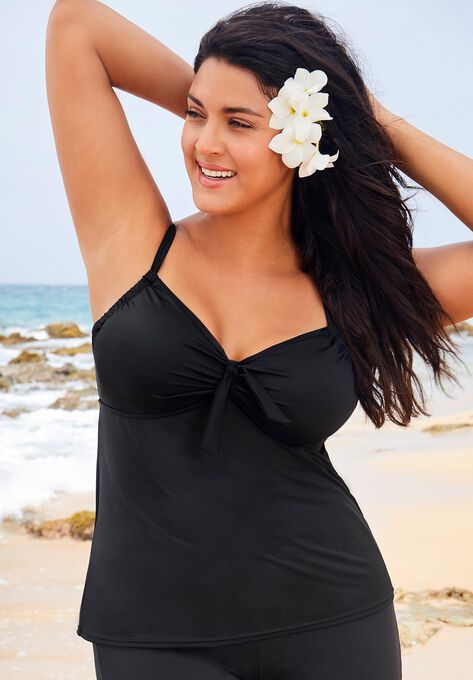 Tie Front Underwire Tankini Top, NEW BLACK, hi-res image number null