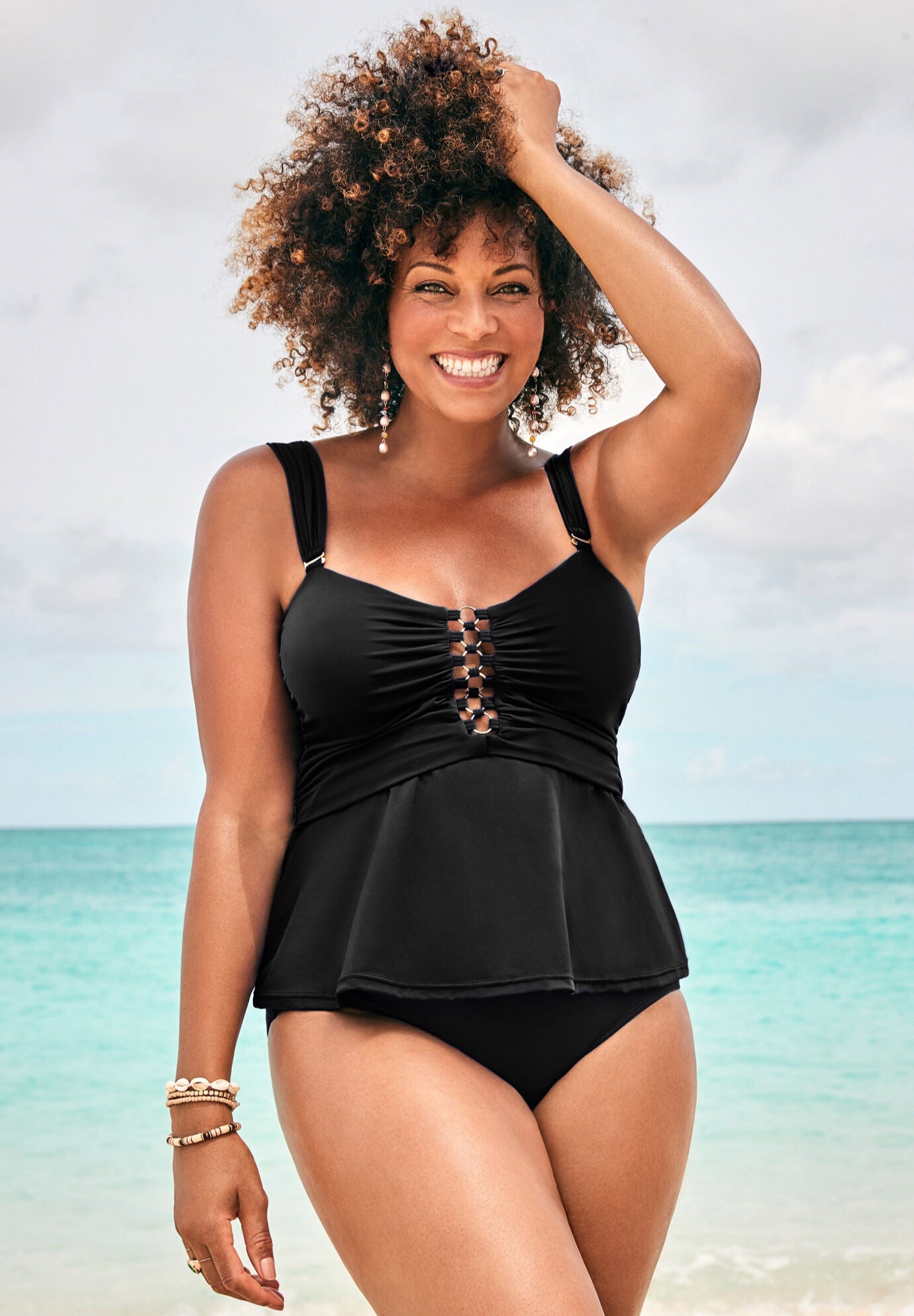 Flattering Underwire Shirred Ring Bandeau Tankini Top Black Swimsuits For All