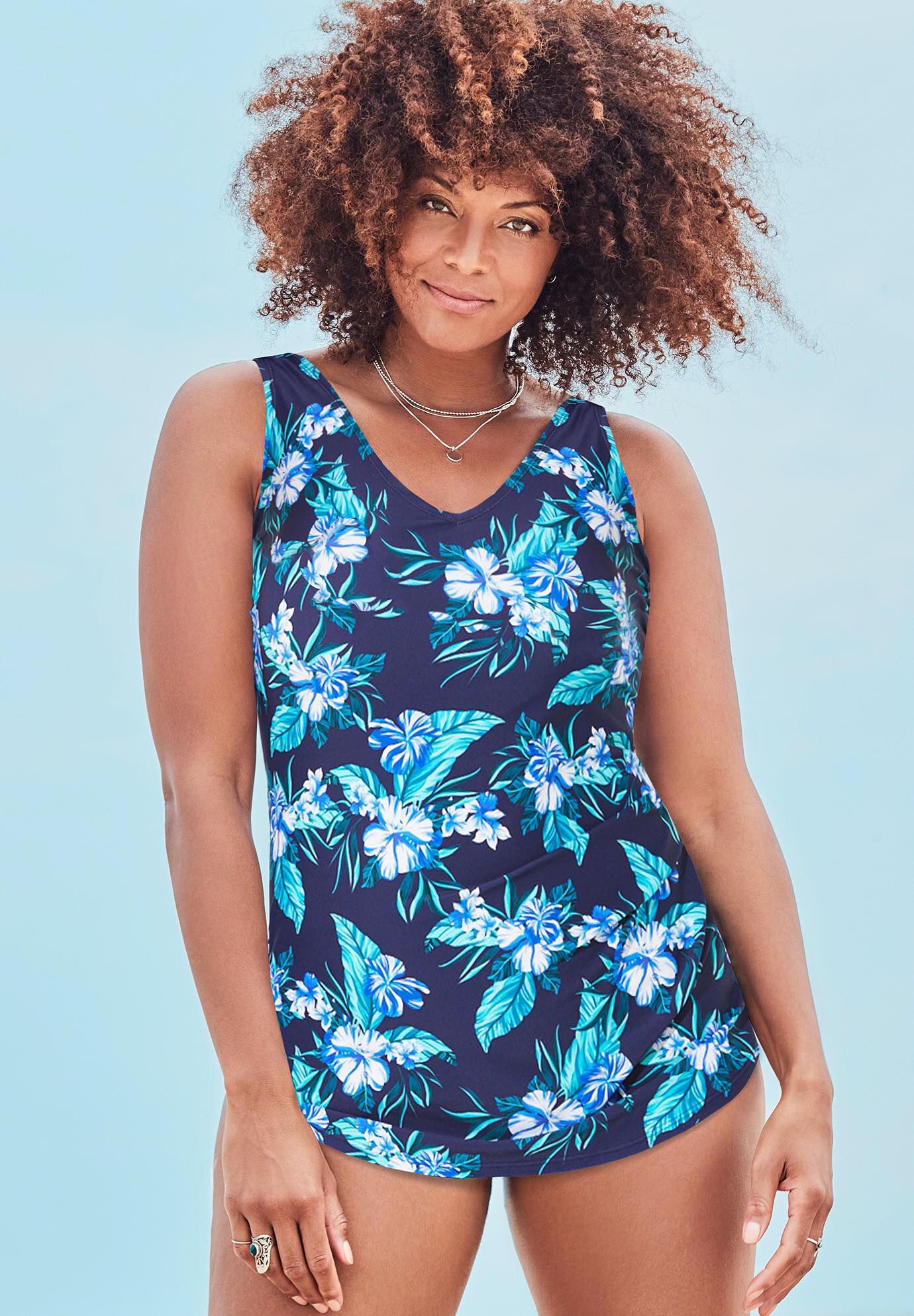 Swimsuits for All Womens Plus Size V-Neck Swimdress 24 Blue