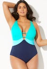 Colorblock V-Neck One Piece Swimsuit, BLUE, hi-res image number null