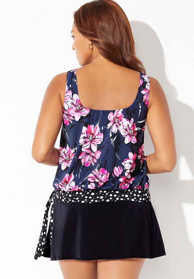 Side Tie Blouson Tankini Set with Skirt, , on-hover image number null