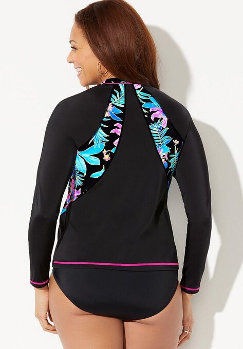 Chlorine Resistant Zip Front Long Sleeve Swim Shirt, , on-hover image number null