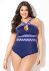 High Neck Keyhole One Piece, NAVY TRIBAL STRIPE, hi-res image number null