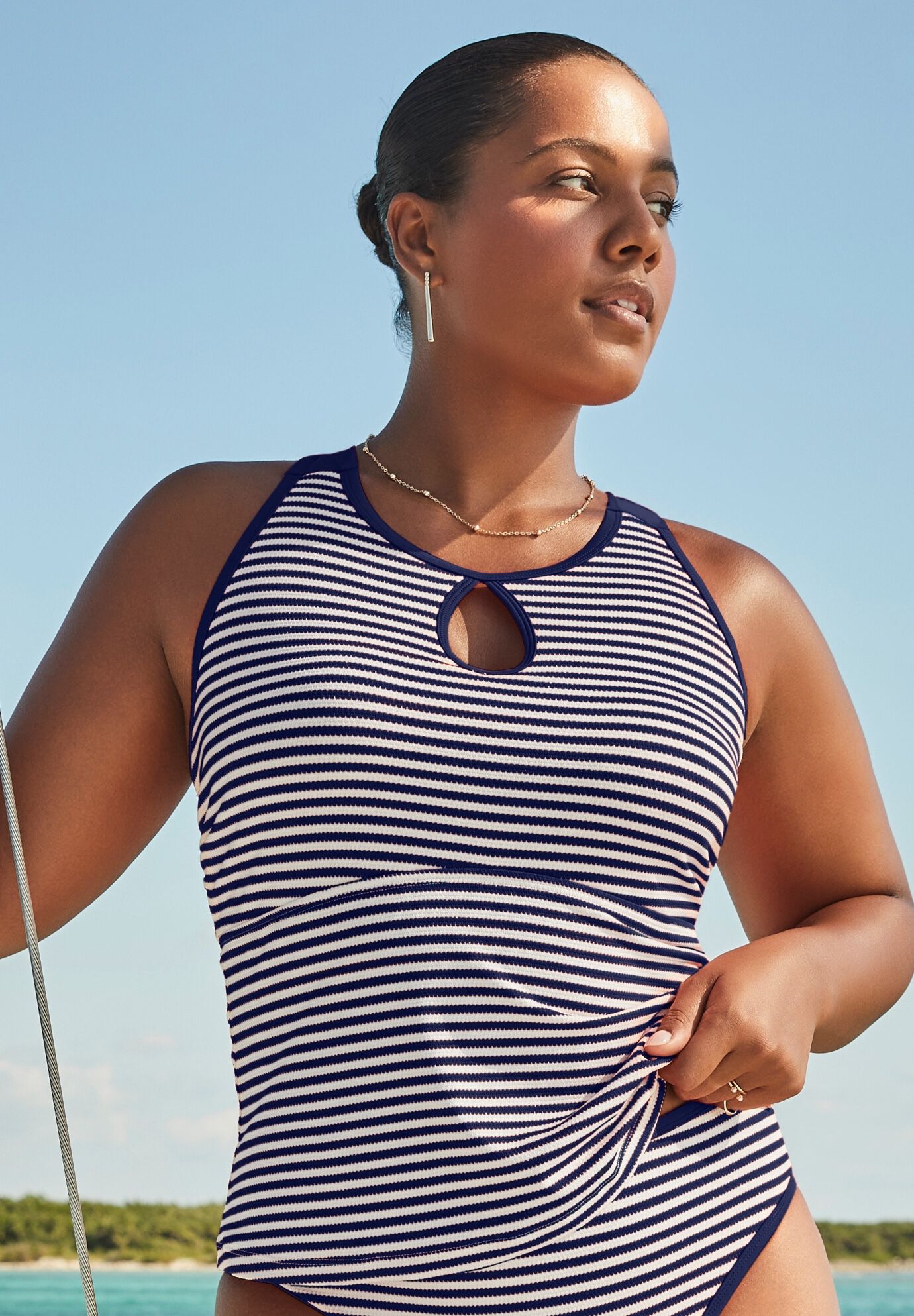 Metallic Lurex High Neck Tankini Top, NAVY LUREX STRIPE, hi-res image number 0
