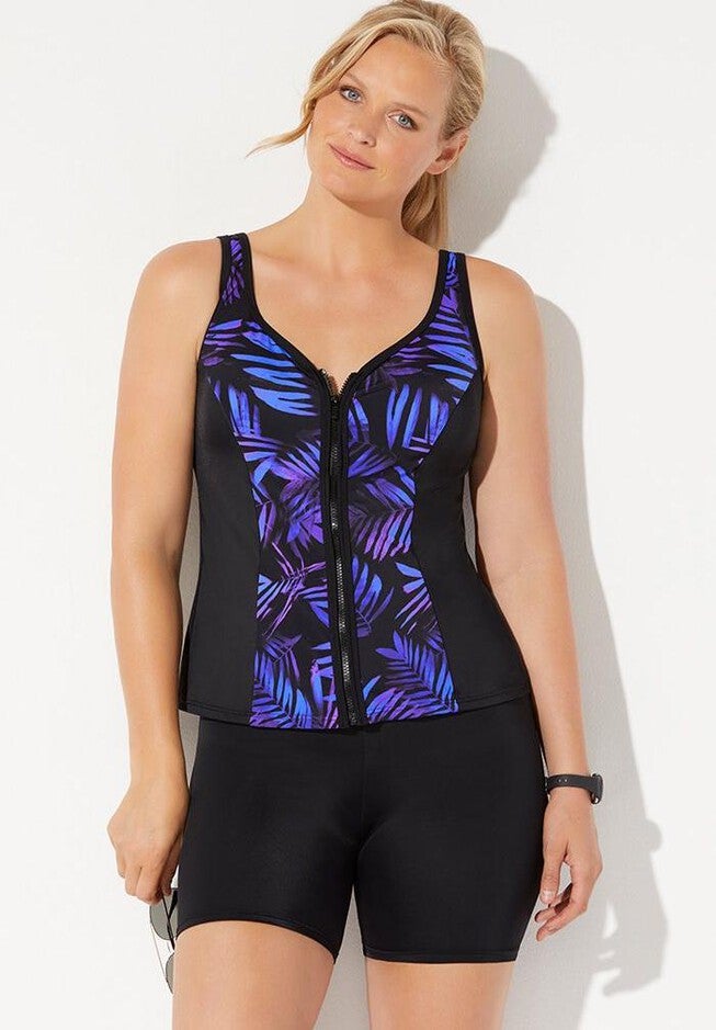 Chlorine Resistant Sweetheart Zip Front Tankini Set with Bike Short, , alternate image number null