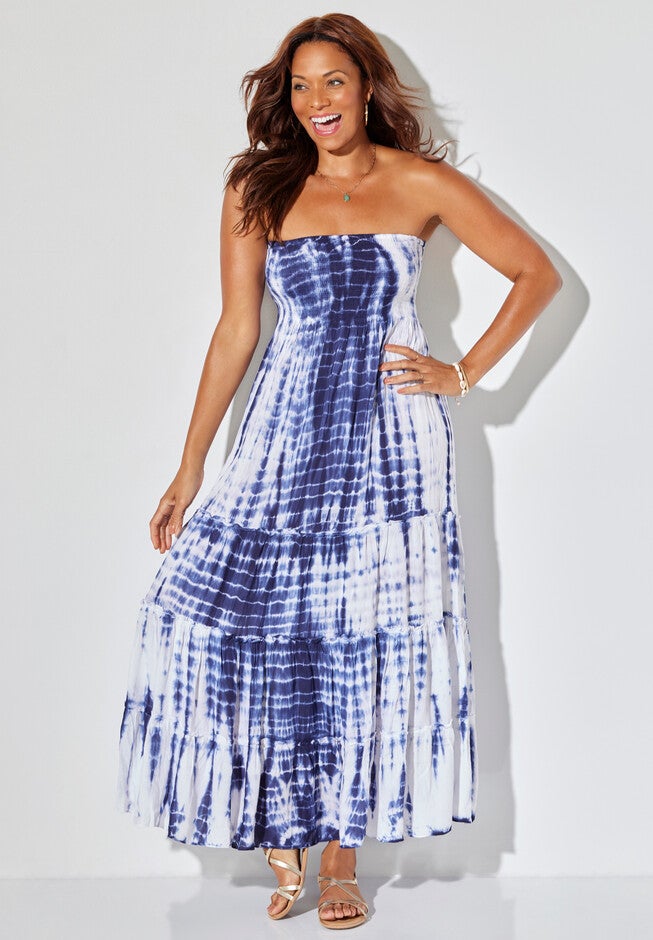 Strapless Smocked Maxi Dress Cover Up, BLUE TIE DYE, hi-res image number 0