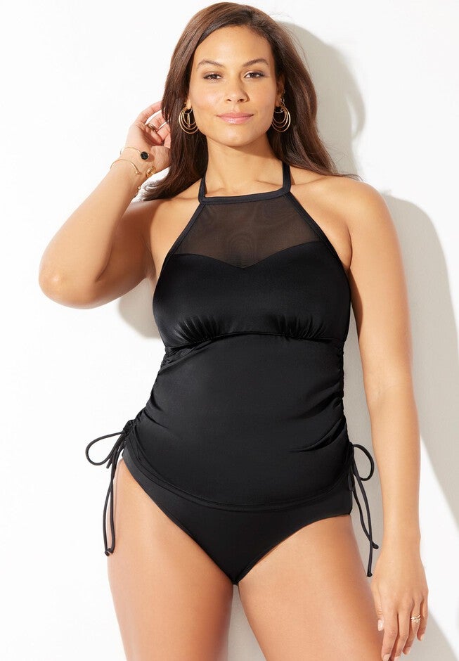 Adjustable Mesh High Neck Tankini Set with Mid Waist Swim Brief, , hi-res image number 0