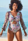 Cup Sized Chiffon Sleeve One Piece Swimsuit, GARDEN DREAM, hi-res image number null