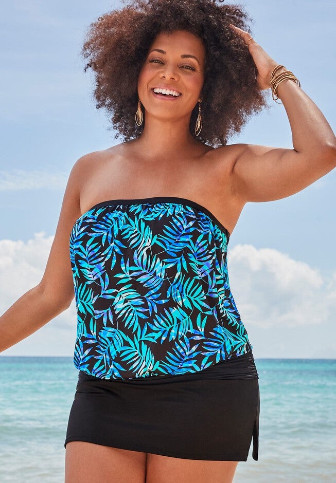 Bandeau Blouson Tankini Set with Side Slit Skirt, , hi-res image number null