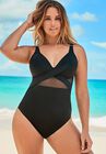 Cut Out Mesh Underwire One Piece Swimsuit, BLACK, hi-res image number null