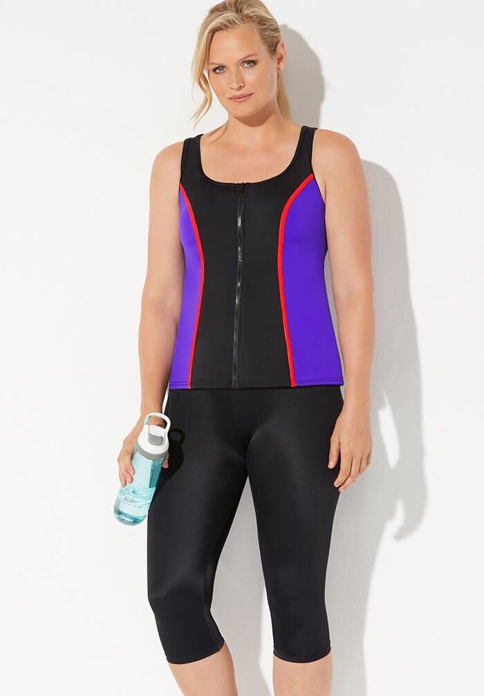 Chlorine Resistant Colorblock Zip Front Tankini Set with Capri, , hi-res image number 0