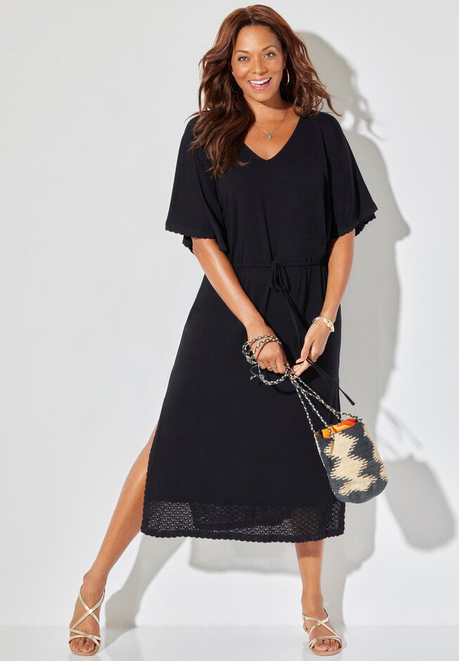 Crochet Trim Flutter Sleeve Midi Cover Up Dress, , alternate image number 3