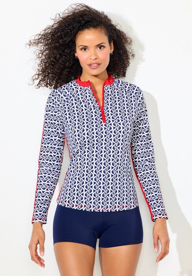 Chlorine Resistant Long Sleeve 1/4 Zip Swim Tee Set With Boy Short, , hi-res image number null