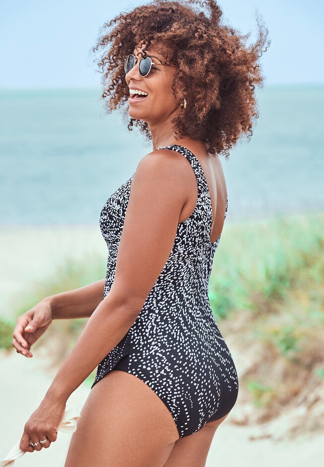 Dotted Sarong Front One Piece Swimsuit