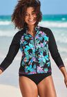 Chlorine Resistant Zip Front Long Sleeve Swim Shirt, MULTI PALM, hi-res image number null