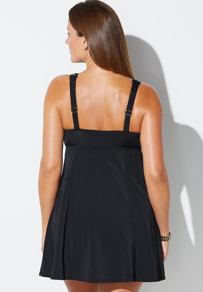 Lattice V-Neck Swimdress, BLACK, on-hover image number 1