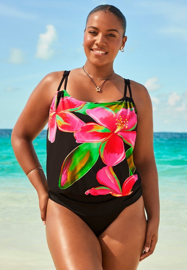 All Set Coverage Loop Strap Blouson Tankini Set With Full Coverage Swim Brief ...