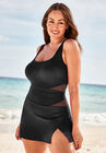 Square Neck Mesh Cut Out Swimdress, BLACK, hi-res image number null