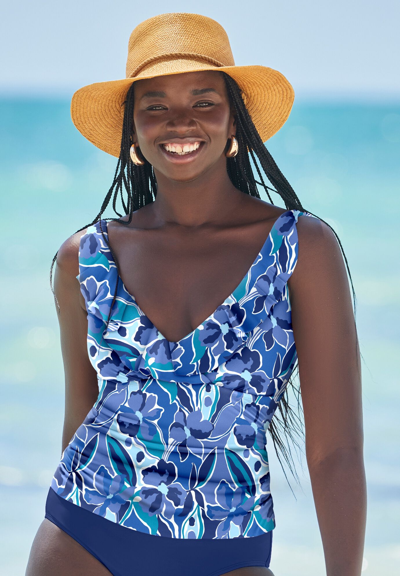 Ruffle V-Neck Tankini Top, BLUE PARADISE, hi-res image number 0