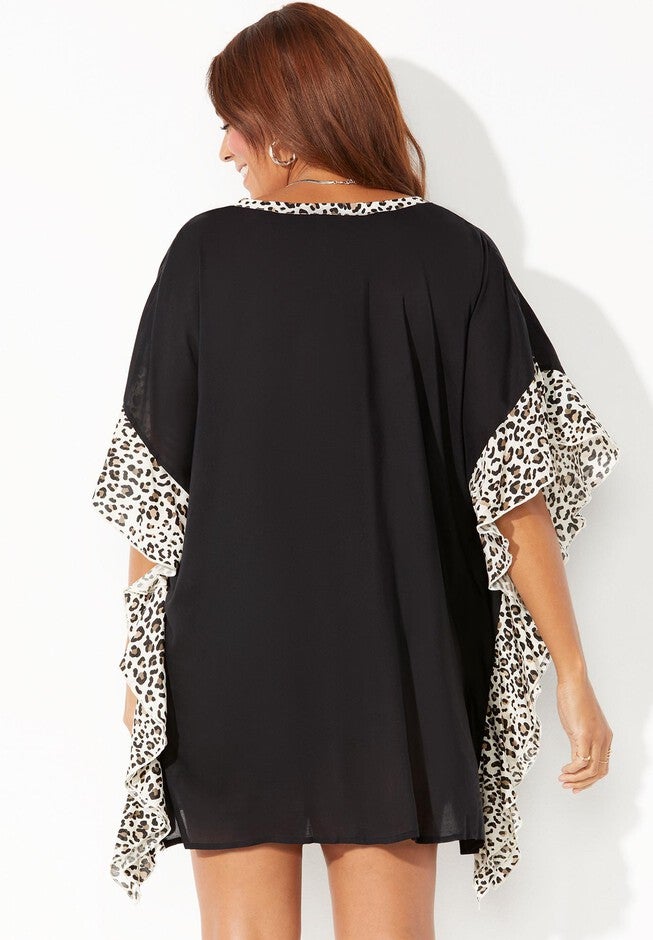 Emi Printed Trim Cover Up Tunic, BLACK SNOW LEOPARD, on-hover image number 1