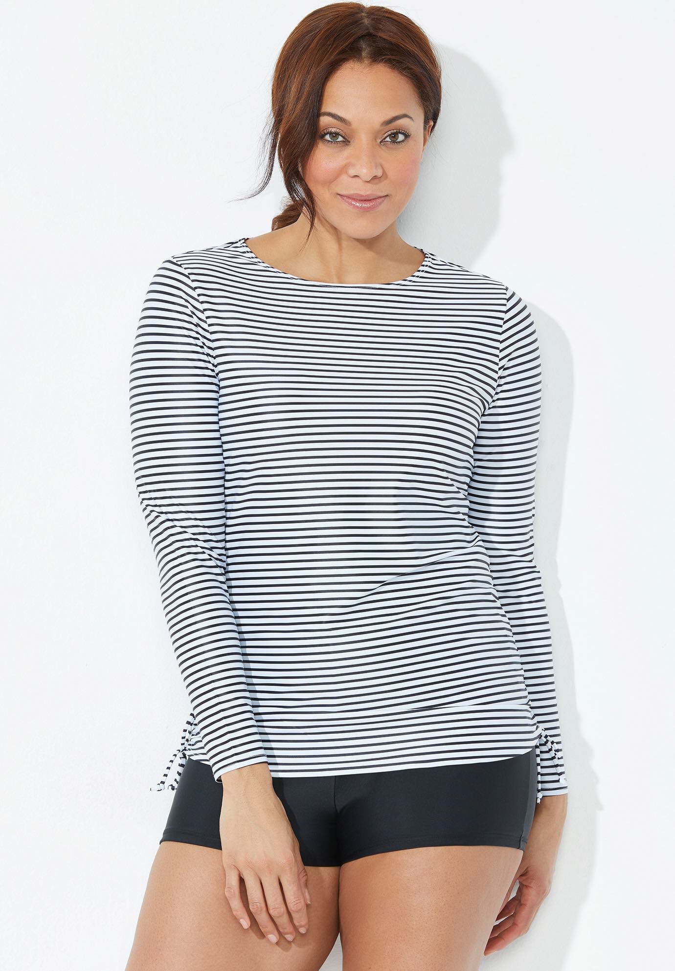 Chlorine Resistant Side-Tie Long Sleeve Swim Shirt Rash Guard, BLACK STRIPE, alternate image number null
