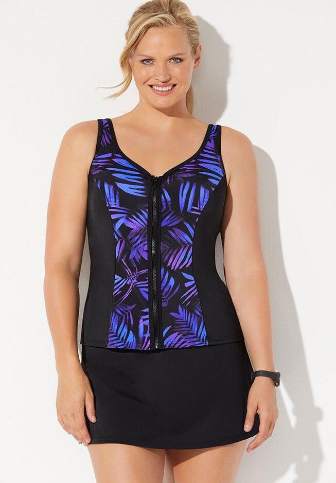 Chlorine Resistant Sweetheart Zip Front Tankini Set with Skirt, , hi-res image number null