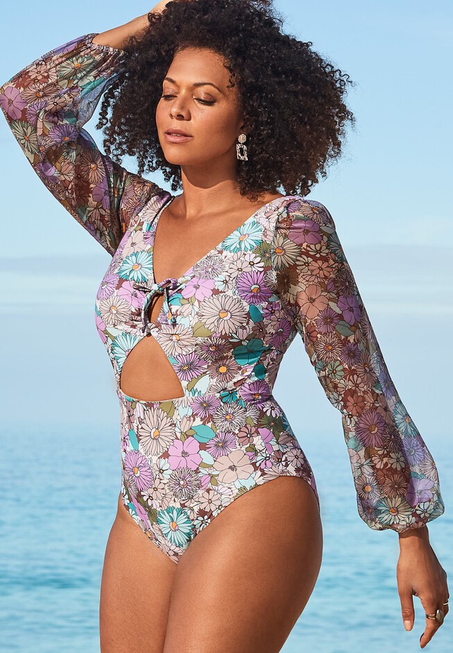 Cup Sized Chiffon Sleeve One Piece Swimsuit