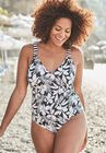 One Piece Swimsuit with Back Detail, BLACK WHITE FLORAL, hi-res image number null