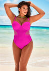 Cup Sized Mesh Underwire One Piece Swimsuit, FLUORESCENT PINK, hi-res image number null