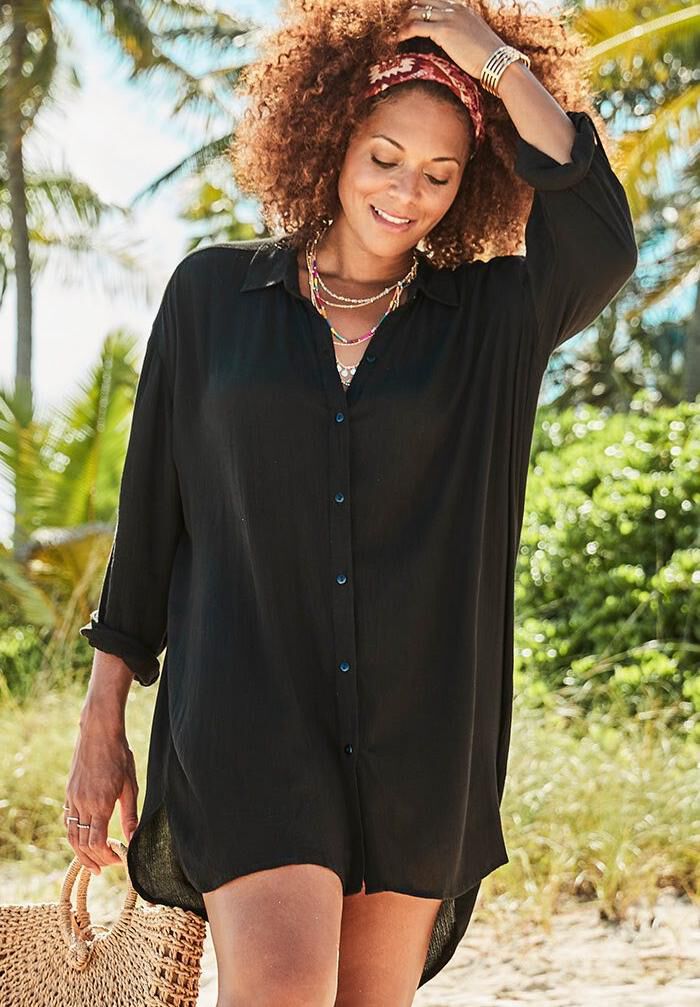 black shirt dress cover up Sheer Linen Button-Down Side Slits Beach Cover-Up Shirt Dress