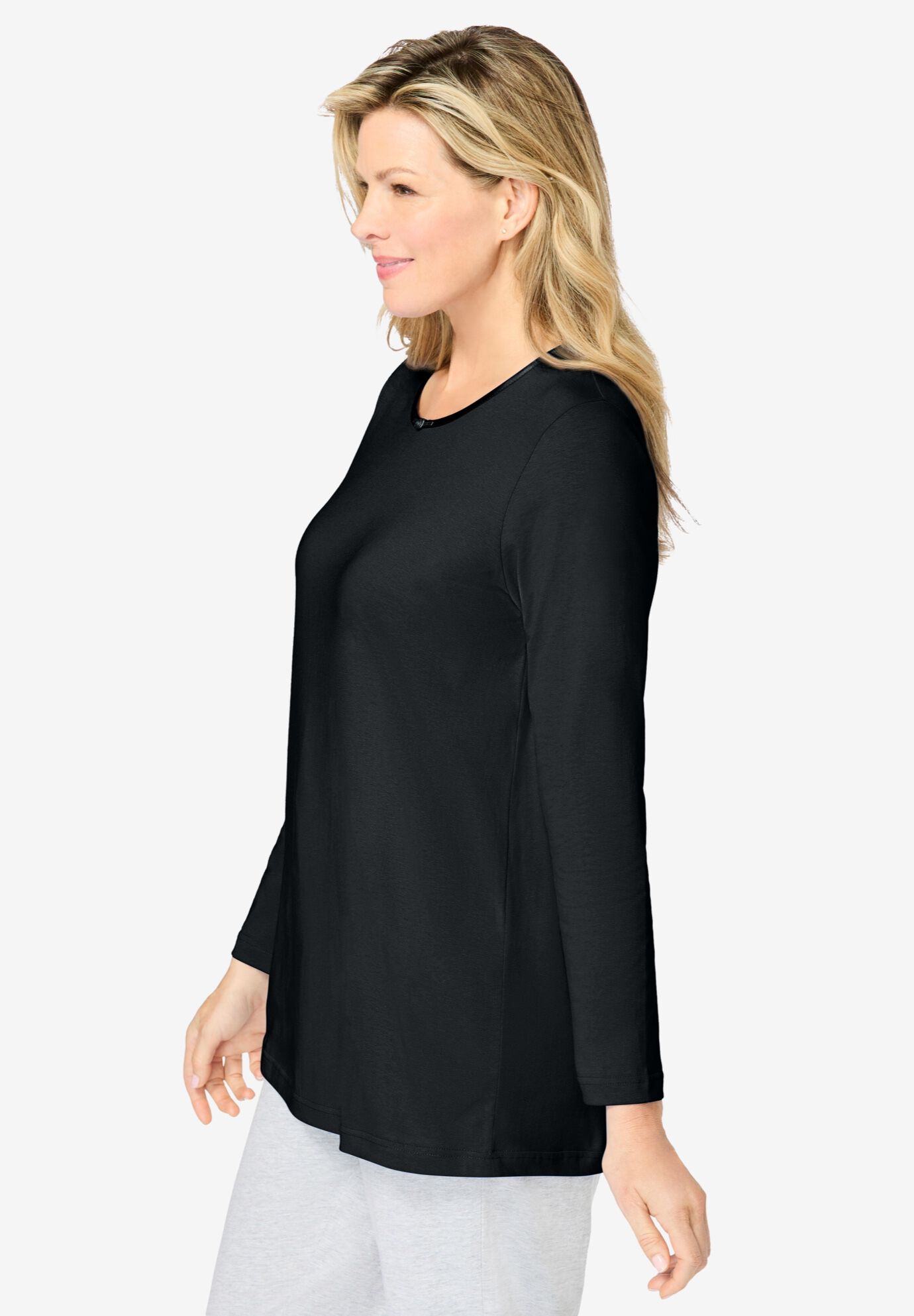 Satin Trim Sleep Tee, BLACK, alternate image number 2