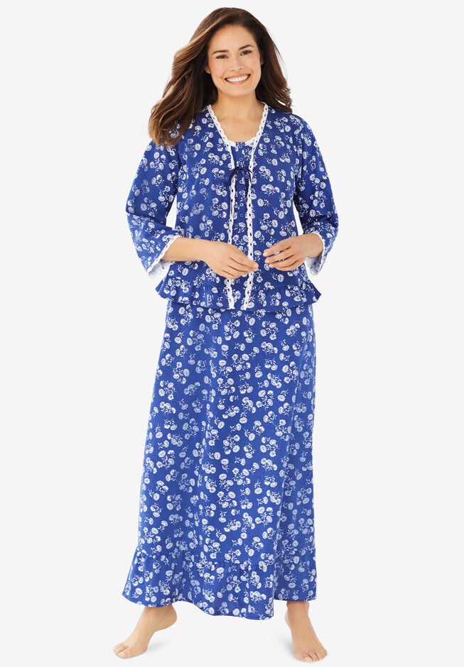 2-Piece Nightgown and Bed Jacket Set, EVENING BLUE DAISY, hi-res image number 0