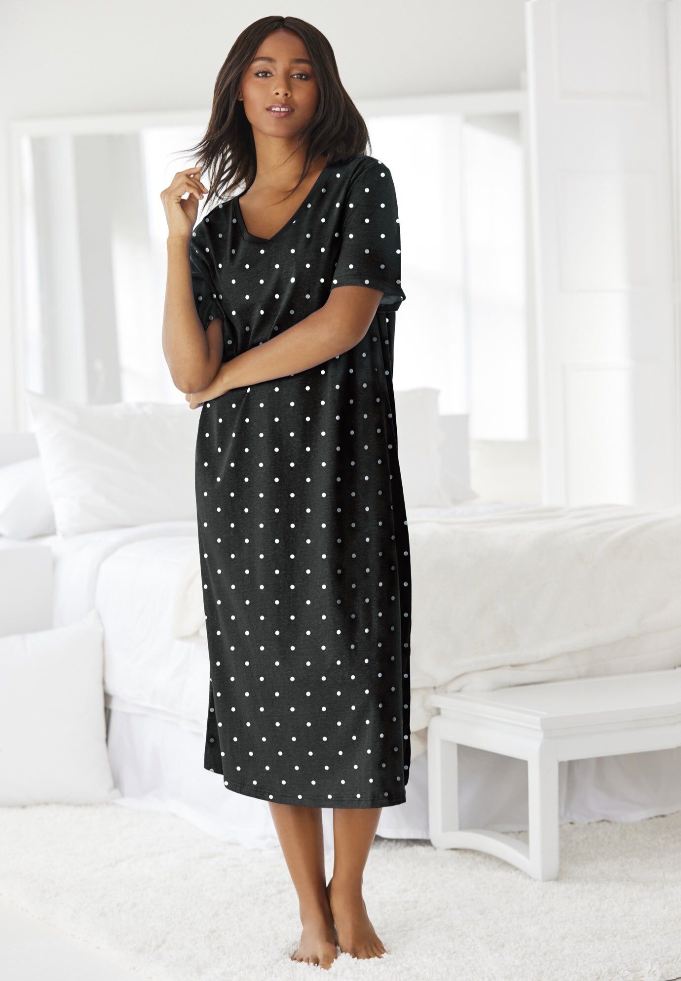 V-Neck Short Sleeve Midi Cotton Sleep Shirt, BLACK DOT, hi-res image number 0