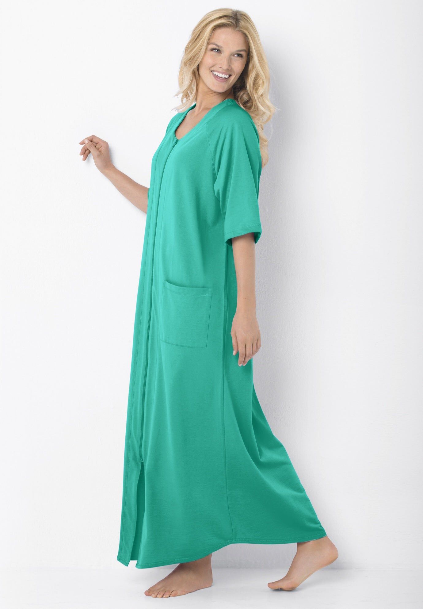 Long French Terry Zip-Front Robe, AQUAMARINE, hi-res image number 0