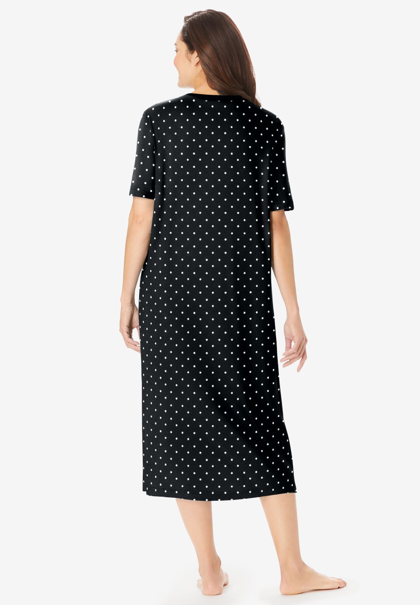 V-Neck Short Sleeve Midi Cotton Sleep Shirt, BLACK DOT, on-hover image number 1