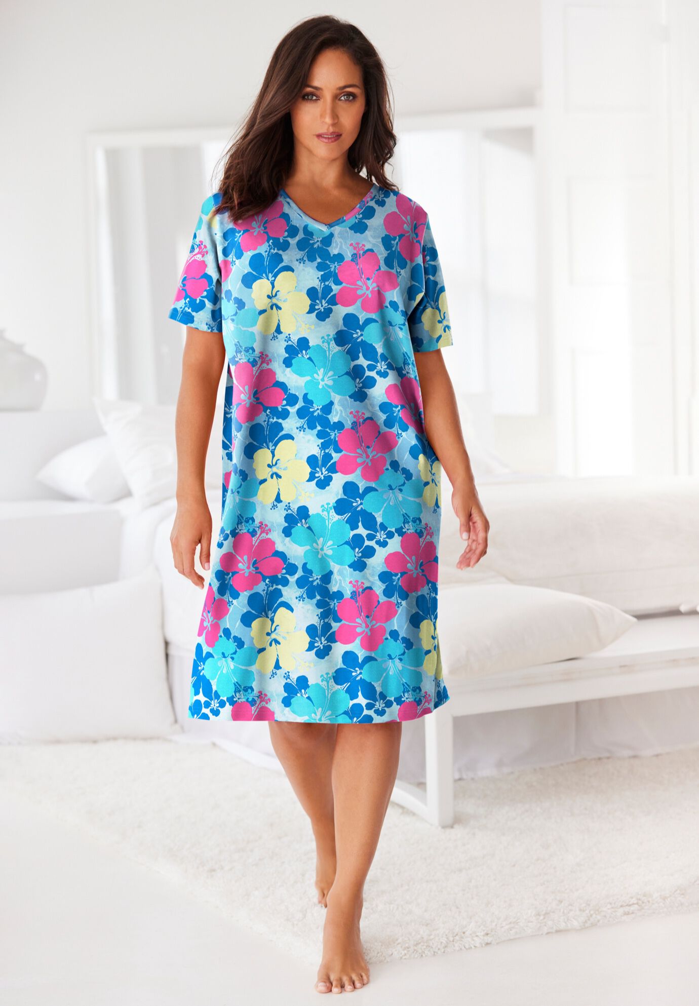 V-Neck Short Sleeve Knee-Length Cotton Sleepshirt, , alternate image number 6