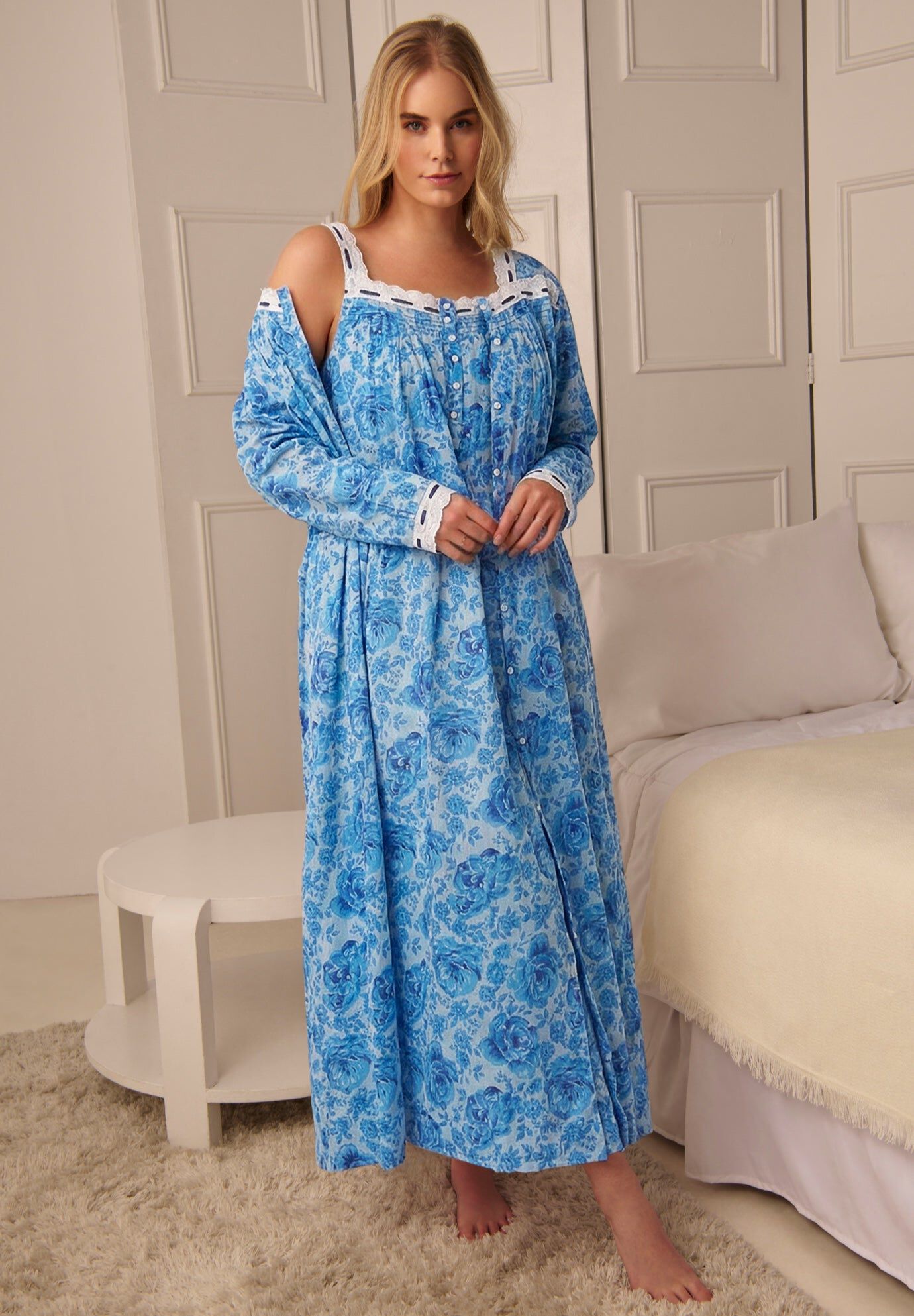 Long 2-Piece Cabbage-Rose Peignoir Set, BLUE FLORAL, hi-res image number 0